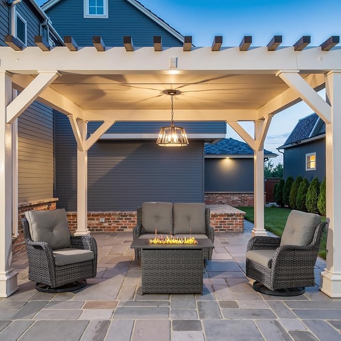 Belord 4 Piece Patio Wicker Furniture Set, Outdoor Swivel Rocker Chairs, All Weather Outdoor Patio Loveseat Set with Fire Pit Table for Deck Porch, Gray Wicker/Gray