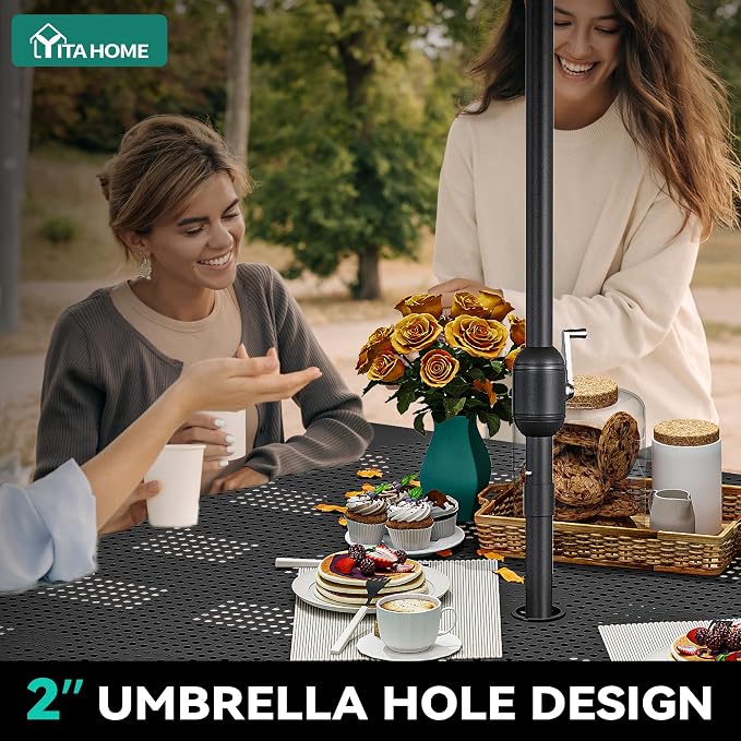 YITAHOME 37" Metal Picnic Table, Powder Coated Outdoor Picnic Table with Heavy-Duty Steel Frame, Adjustable Seats & Umbrella Hole for Yard, Patio, Lawn, Party, Black, Square