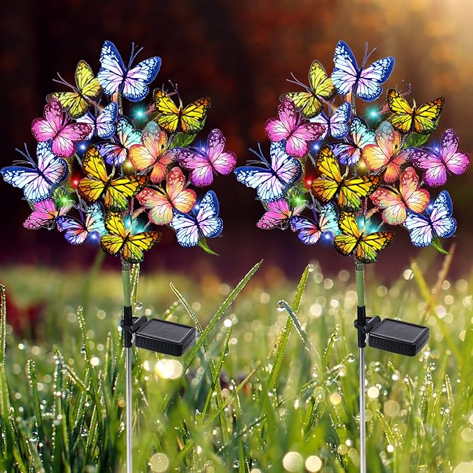 Adecorty Solar Garden Lights Outdoor Waterproof Decorative Solar Lights Outdoor 2 Pack with 44 LED 34 Butterfly Flower Garden Decor Yard Patio Lawn, Gifts for Mother's Day Mom Women