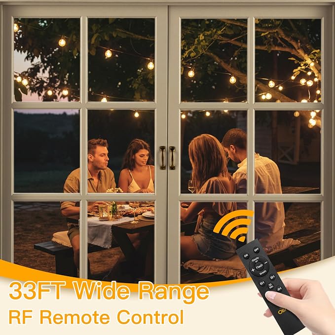 Ollny 2 Pack 60FT Solar Lights Outdoor, Waterproof Remote Control Dimmable Timers 3Modes String Light with 25 LED + 2 Spare Shatterproof Bulb, G40 Patio Lights for Outside Garden Yard Fence Porch