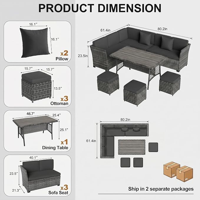 LOUVIXA 7 Pieces Patio Furniture Set, Outdoor Patio Furniture, Wicker Conversation Set with Dining Table, Chairs and Ottoman (6227 Grey-Grey)