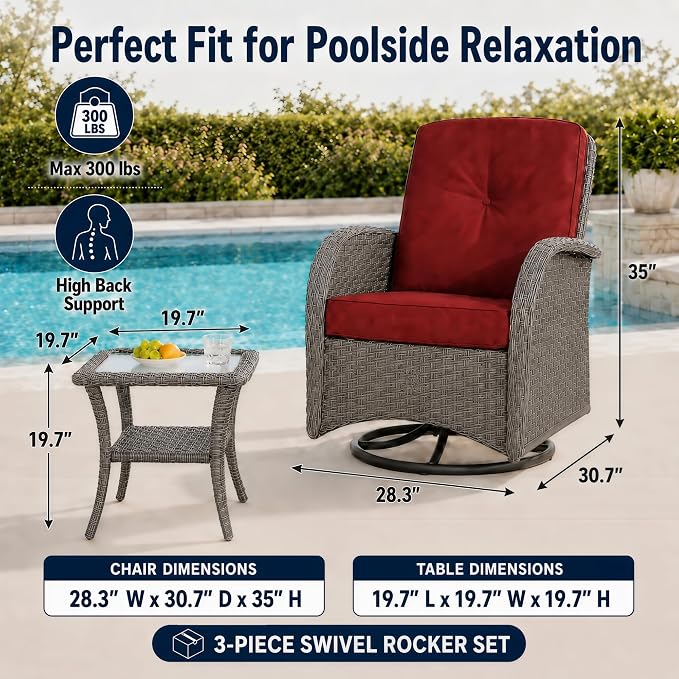 3-Piece Wicker Patio Bistro Set, 2-Pack Swivel Rocking Chairs, Grey/Red | 2-pack chairs, 360-degree swivel, Olefin fabric, removable covers, 4-inch cushions, 2-tier side table, porch use