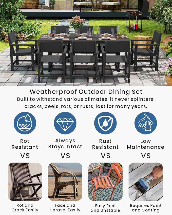 9-Piece Outdoor Dining Set, HDPE Weatherproof Patio Table and Chairs Set for 8, Outdoor Patio Furniture Sets with Umbrella Hole for Outside, Deck, Backyard, Garden (Black)