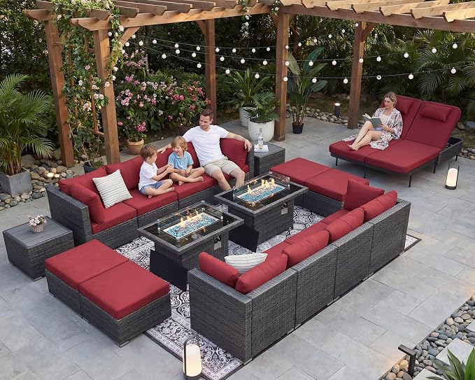 NICESOUL 18 Piece Outdoor Patio Furniture Set with Fire Pit and Chaise Lounge, 500 lbs High Weight Capacity Outdoor Sectional with Fire Pit, 14-Seat Deep Seating Sectional, Grey & Burgundy