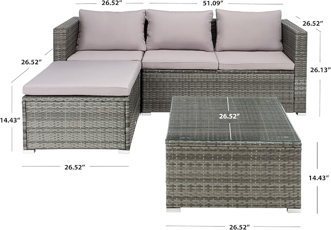 SAFAVIEH Outdoor - Madalina Sectional Set - Grey & Grey - Steel Frame with Cushion - Contemporary Sectional with Coffee Table - Ideal for Patio, Deck, Porch, Backyard (PAT7509B)