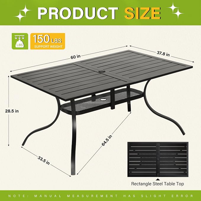 Betterland Patio Rectangular Dining Table 60" x 37" Outdoor Metal Steel Frame & Slat Tabletop with 1.57" Umbrella Hole for 6-8 Person, Classic Black