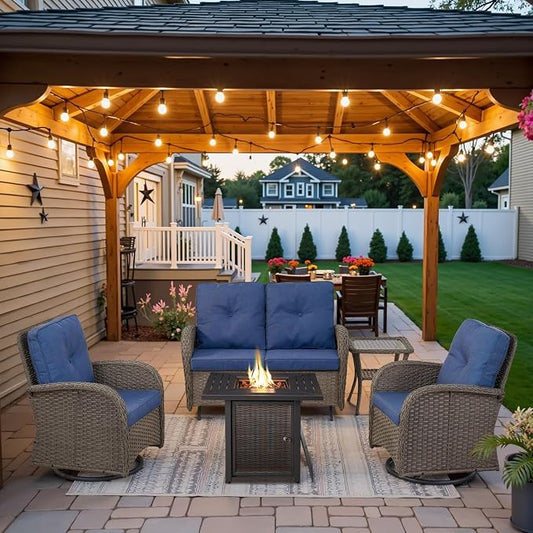 Belord 5 Pieces Patio Furniture Set with 30” Propane Fire Pit Table, Deep Seating Swivel Rocker Glider Outdoor Chairs Set of 4 with Side Table Set of 2 Patio Conversation Set Gray Wicker