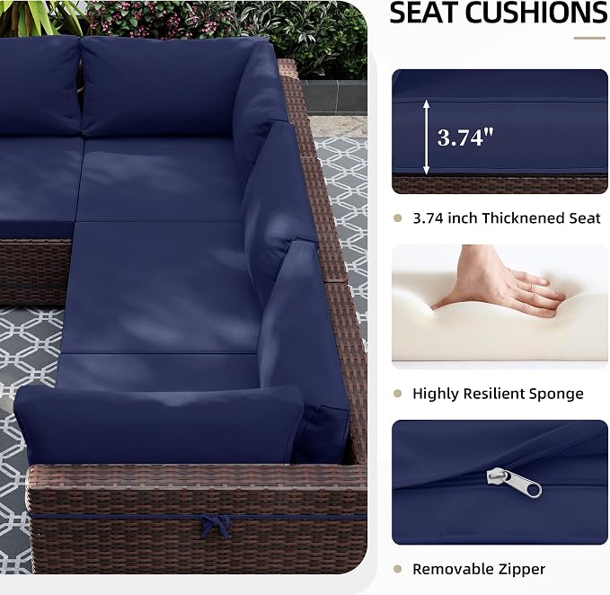 UPHA 7 Pieces Patio Furniture Sets, Wicker Outdoor Sectional Sofa Couch with Coffee Table, Patio Conversation Set for Deck Backyard Garden, Brown Rattan, Navy Blue Cushion