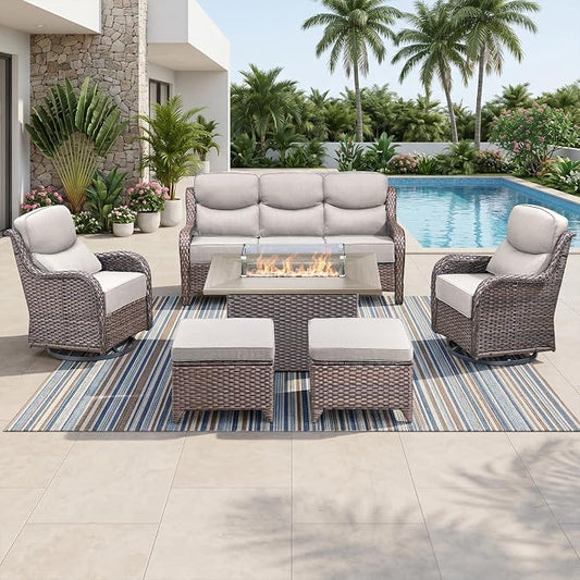 Luxury High Back Outdoor Furniture 6-Inch Thick Cushions with 50,000 BTU Gas Propane Fire Pit Tablet, Patio Furniture Set with Swivel Chairs, 6 PCS for Porch, Balcony, Deck and Yard