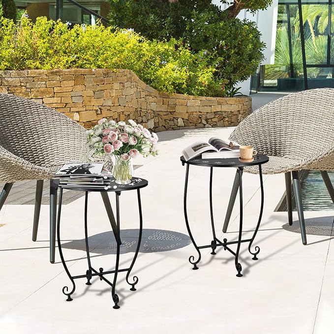 2 Pack Small Outdoor Side Tables for Patio, 14 Inch Metal Patio Side Table, Weather Resistant Steel Outdoor Round End Table for Patio Porch Garden Yard Balcony, Black (Petal)