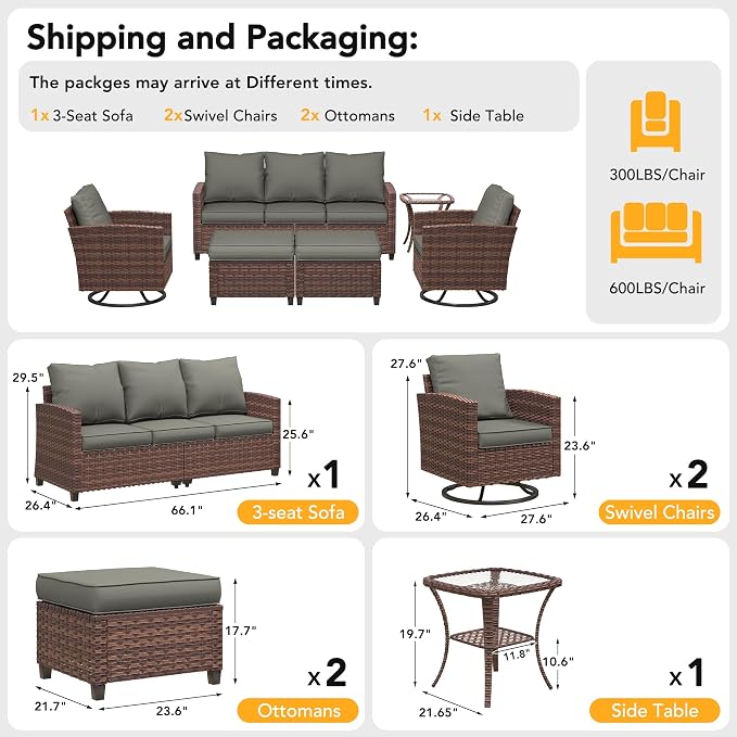 Patio Furniture Set, 6 Pcs Patio Outdoor Sectional, Wicker Outdoor Couch with Swivel Chair, Ottomans, Side Table, 4" Thick Cushion, for Garden Backyard Deck,Dark Grey