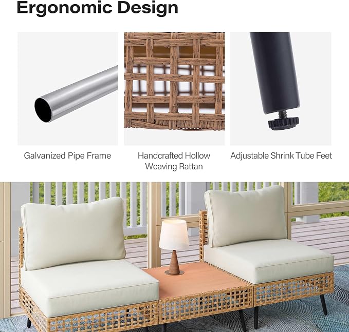 LAUSAINT HOME Outdoor 3 Pieces PE Wicker Patio Conversation Set, All-Weather Rattan Sectional Sofa with Thick Cushions & Coffee Table for Garden, Yard and Balcony (Beige)