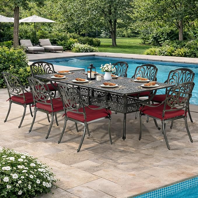 VIVIJASON 9-Piece Outdoor Dining Set, All Weather Cast Aluminum Retro Patio Furniture Table and Chairs Set for 8, Include 94.5" Rectangular Dining Table and 8 Chairs with Umbrella Hole, Red Cushion