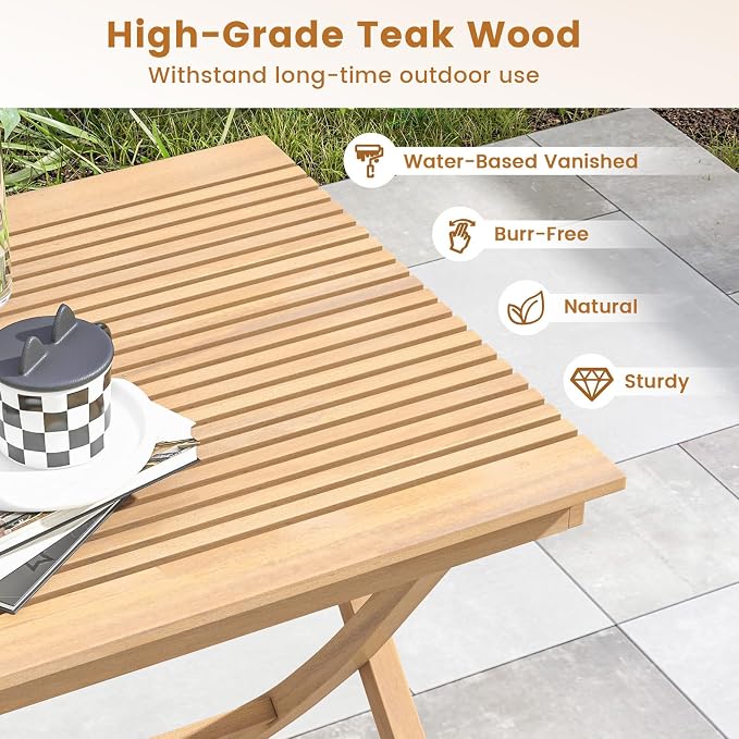 Tangkula 27.5 Inch Teak Wood Patio Dining Table, Square Outdoor Bistro Table with Slatted Tabletop, Sturdy Wood Frame & Thickened Top, Teak Outside Dining Table for Balcony, Deck, Backyard, 2 Pack