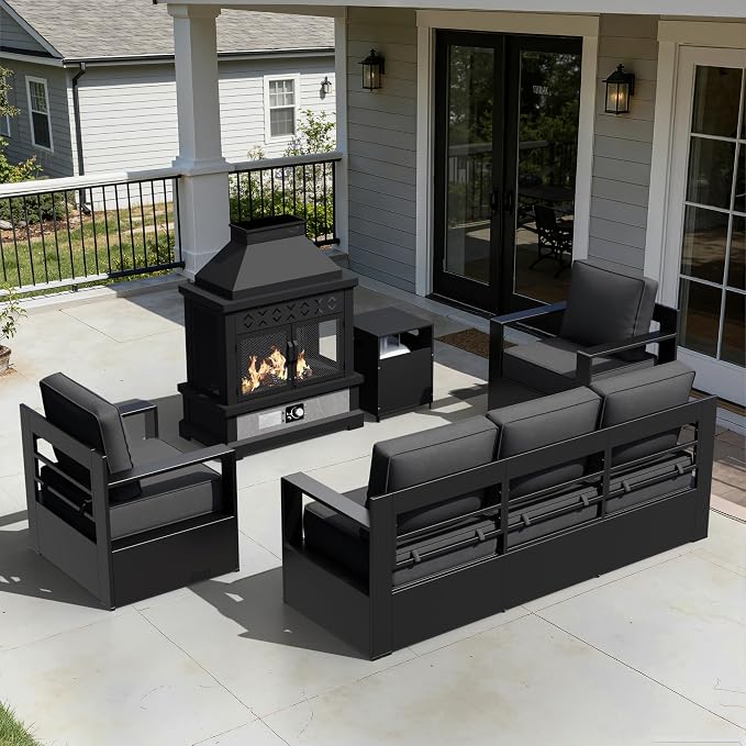 Outdoor Aluminum Furniture Set, 4-Piece Patio Conversation Set, 2 Chairs, 1 Sofa and 1 Fireplace, All-Weather Metal Frame, 6" Thick Removable Cushions, Deep Setting for Garden, Poolside and Porch