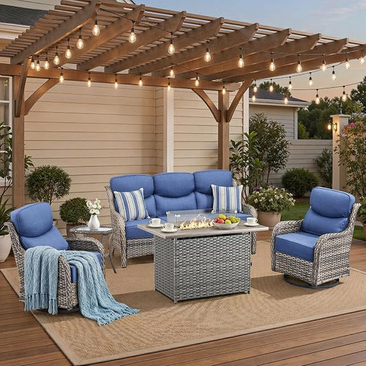Luxury High Back Patio Furniture Set with 6-Inch Thick Cushions, 5-Pieces Outdoor Furniture with Swivel Chairs Fire Pit, Wicker Conversation Set for Porch, Balcony, Deck and Yard, Grey/Blue