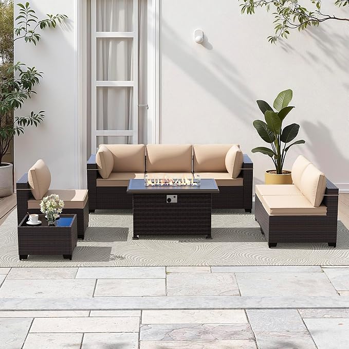 Gotland 8 Pieces Patio Furniture Set with Fire Pit Table, All Weather Rattan Outdoor Furniture with 29.5'' High Backrest 4’’ Thick Cushions Coffee Table, Outdoor Sectional for Porch, Deck, Khaki