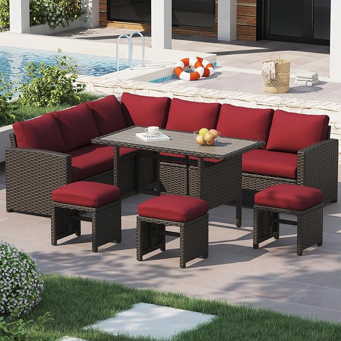 U-MAX 7 Pieces Patio Furniture Set, Outdoor Sectional Sofa Conversation Set, All Weather Wicker Rattan Dining Table & Chair with Ottoman, Brown Rattan&Wine Red Cushion