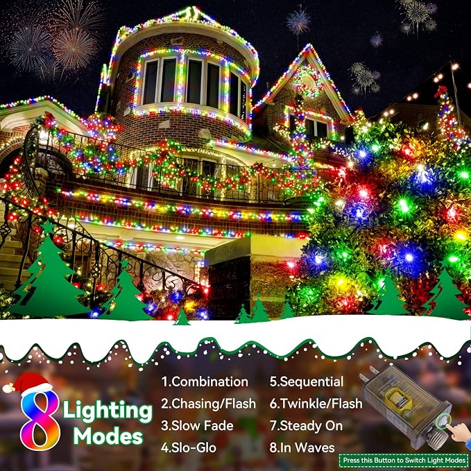 Christmas Lights Outdoor, 522FT 1300 LED String Lights with 8 Lighting Modes, Timer Memory Twinkle Fairy Lights Waterproof Plug in for Xmas Tree Wedding Party Holiday Decor(Multicolor)