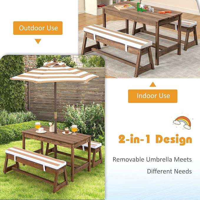Olakids Kids Picnic Table, 2 in 1 Outdoor Toddler Wooden Table and Chair Set with Removable Cushions Height Adjustable Umbrella, Children Activity Furniture Bench for Patio Garden Backyard