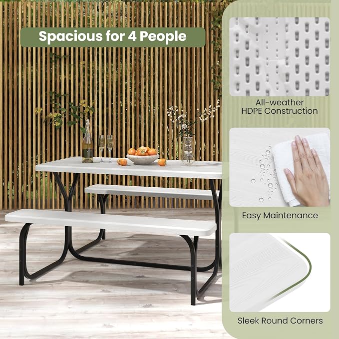 S AFSTAR Picnic Table Bench Set, 59” Expanded Rectangular Picnic Table, Outdoor Table and Bench W/Steel Frame & Wood-Like Texture Tabletop, Camping Table Chair Set for Garden Patio Lawn Deck (White)