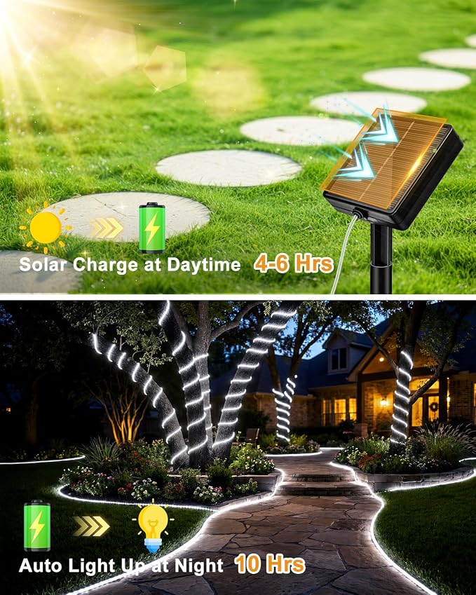 btfarm 2 Pack Solar Rope Lights Outdoor, 120LED 46FT Solar String Lights Outside Waterproof, 8 Lighting Modes Tree Trampoline Light Solar Powered for Garden Christmas Yard Party Decoration, Cool White