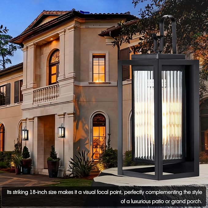 2 Pack Outdoor Wall Lights for House Exterior, 18 Inch Large Black Modern Lantern with Dual Metal Frame & Textured Glass, IP65 Waterproof (Bulbs Included)