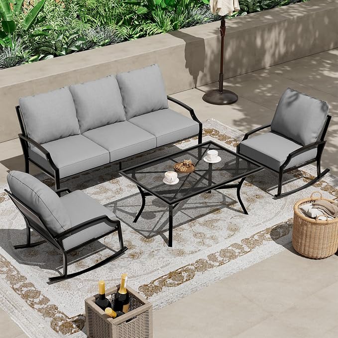 AECOJOY Patio Furniture Set, 4-Piece Metal Mesh Rocking Set, Light Gray | Rust-Resistant Steel Frame, Breathable Mesh, 5" Cushions, 28D High-Density Sponge, for Porch, Deck, Backyard and Garden