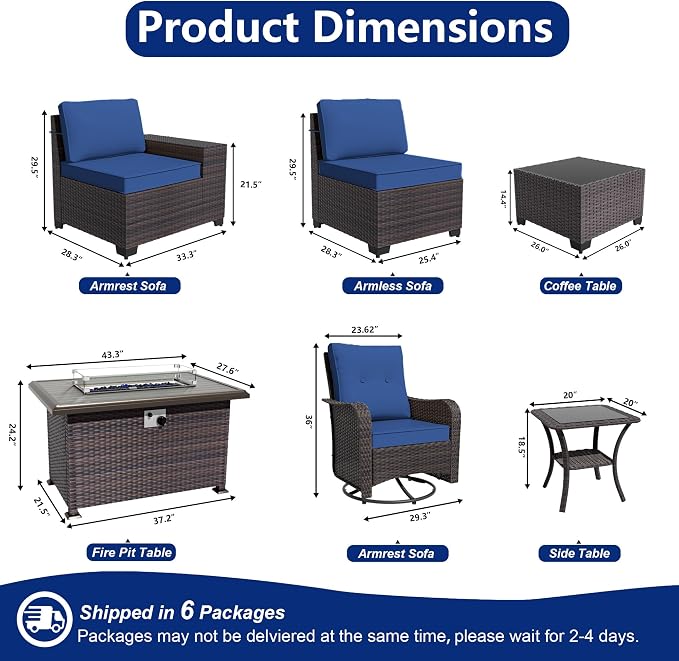 10 Pieces Patio Furniture Set with 2 Swivel Chairs Patio Furniture Outdoor Sectional Sofas with 55000 Gas Fire Pit Patio Conversation Set w/7 Cushions-Blue