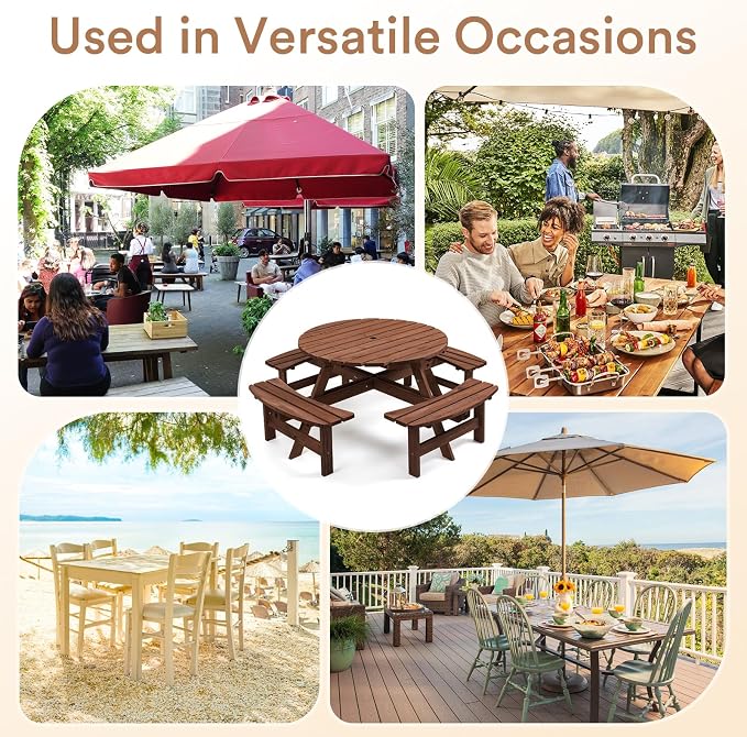 Zevemomo Wood Picnic Table for 8 People, Round Top with Umbrella Hole, 4 Built-in Curved Benches, 2220LBS Capacity for Patios & Backyards, Brown
