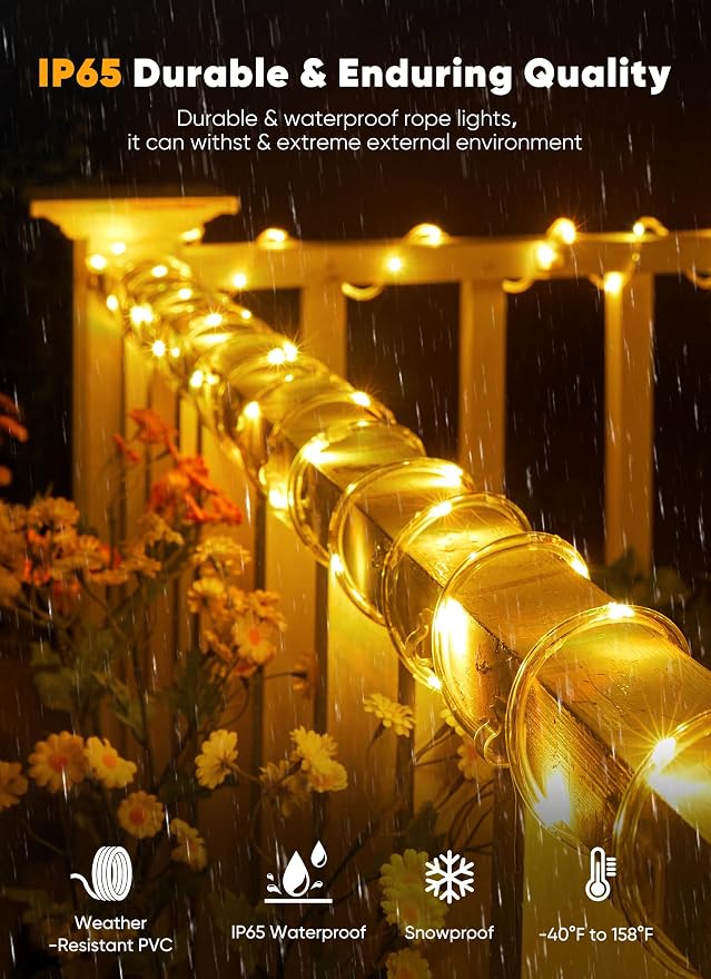 Brightown 39FT 100LED Solar Rope Lights Outdoor Waterproof, Warm White | IP65 Solar Powered Fairy Lights with 8 Lighting Modes, Outdoor String Lights for Party Garden Yard Holiday Tree Decoration