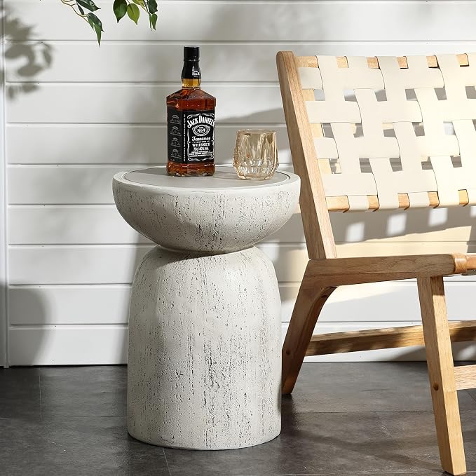LuxenHome 20" Outdoor Side Table, MgO Rustic End Tables for Patio,Off White and Gray Weathered Round Table, Small Accent Table for Indoor Outdoor Use, Decorative Garden Stool