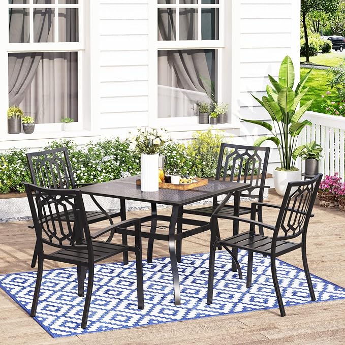 MFSTUDIO Patio Dining Set for 4, Outdoor Table and Chairs Set with Umbrella Hole, 5 Piece Metal Patio Furniture Set for Deck, Backyard, Poolside & Garden