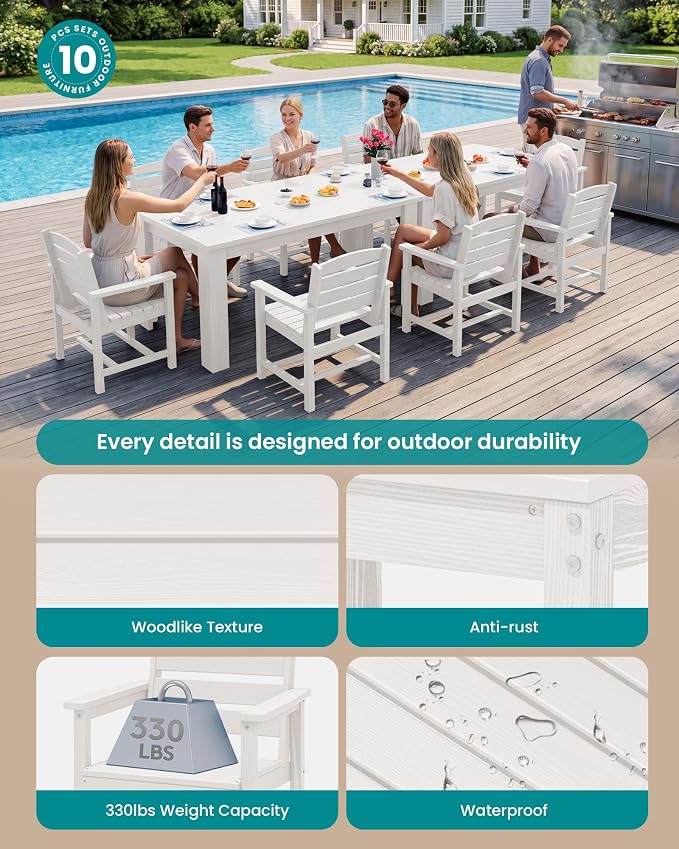 SERWALL Patio Dining Set for 8, w/ 2 Tables & 8 Armchairs, White | All Weather Resistant HDPE Dining Sets for Patio, Garden, Backyard
