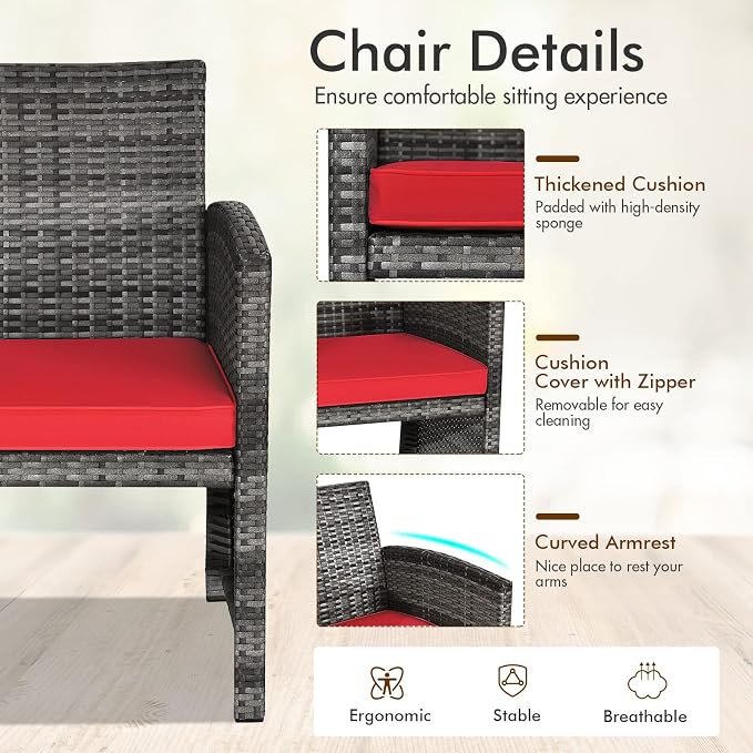 Outdoor Conversation Set, 4 Pieces Wicker Patio Furniture Set with Ergonomic Curved Design, Patio Chair Set with Water-Resistant Cushion & Tempered Glass Table for Porch, Poolside (Red)