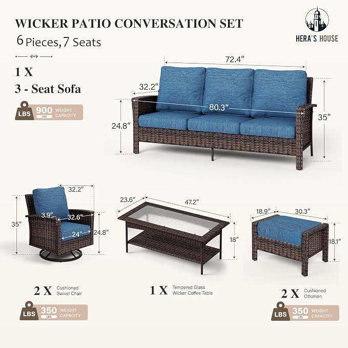 Patio Furniture Set with High Back Swivel Chairs, All-Weather Outdoor Wicker Sofa with Ottomans, 6 Pieces Deep Seating Patio Conversation Couch Sets with 5.5" Cushions for Lawn Deck Backyard, Blue