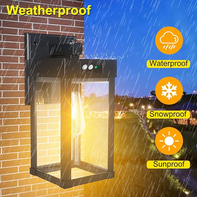 Solar Wall Lights Outdoor, Solar Sconce Lantern with 3 Lighting Modes | Motion Sensor, Porch Light Fixture Outside Waterproof with Clear Panel for Garage Yard Front Door Shed