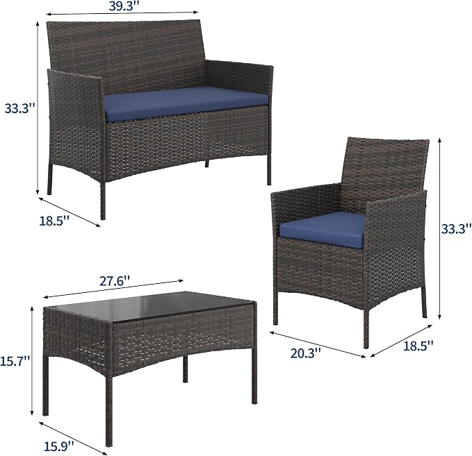 4-Piece Outdoor Furniture Set, PE Rattan Wicker Chairs with Soft Cushions & Tempered Glass Coffee Table - All-Weather Patio Set for Garden, Backyard, Porch, Poolside (Brown/Dark Blue)