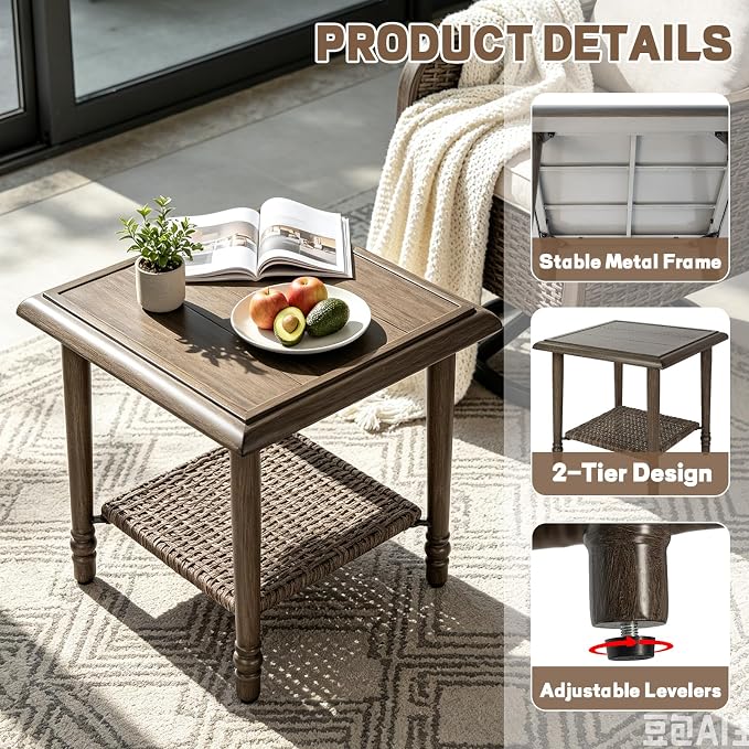 Wicker Outdoor Side Table, All Weather Rattan End Table | 20" Square Patio coffee Table, 2-Tier Storage Side Table for Porch, Balcony, Garden, Living Room