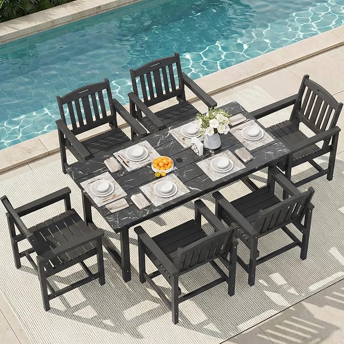 7-Piece HIPS Patio Dining Set, 66.9" W Marble Texture Outdoor Table with Umbrella Hole & 440LBS Capacity & Galvanized Steel Frame, 6 Chairs | 19.7" W, Dining Table Furniture Set for 6, Black