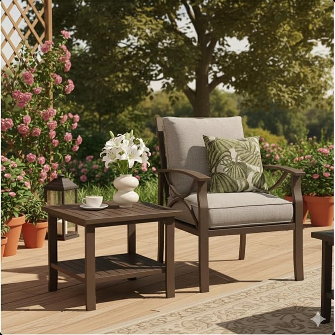 Penau 19 Inchs Square Metal Outdoor Side Table, 2 Tier Powder Coated Steel End Table, Slatted Top for Quick Drainage, Compact Patio Accent Table 19 x 19 x 18 Inchs, Brown