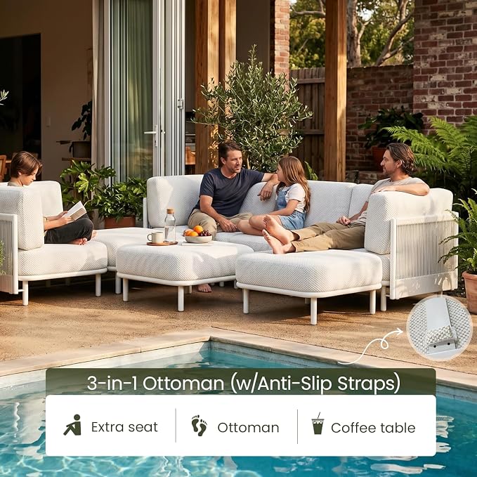 LayinSun 7 Pieces Patio Furniture Set, Modern Outdoor Modular Sectional Conversation Set L-Shaped Sofa with 7-inch Cushion for Garden Backyard Deck