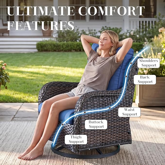 Rilyson Wicker Rocking Chair Swivel Chairs - 3 Piece Rocker Patio Furniture Set Rattan Rocking Bistro Sets with Glass Top Side Table for Outdoor Porch Deck Garden Backyard (Brown/Blue)