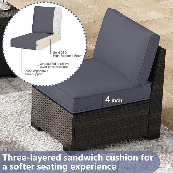 JOYURE 5 Pieces Patio Furniture Set, Outdoor Sofa with Waterproof Cushions, Rattan L Shaped Patio Couch & Coffee Table, Modern Outdoor Furniture for Backyard, Deck, Balcony – Grey