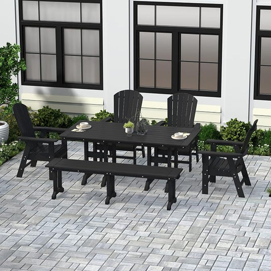 WestinTrends Dylan Adirondack Patio Dining Set for 6, All Weather Poly Lumber Outdoor Table and Chairs Set of 4, 71" Trestle Table and Adirondack Dining Chair with Dining Bench, Black