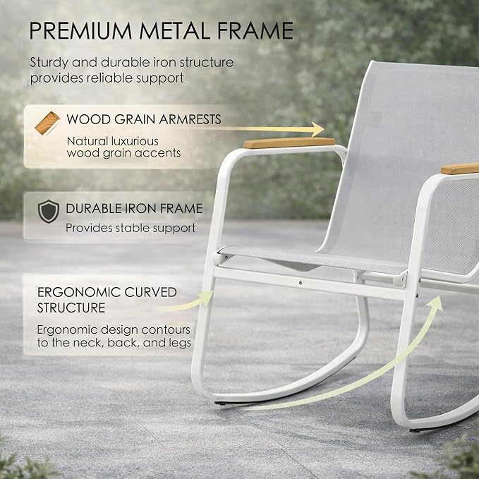 Kozyard 3-Piece Rocking Chair Set, Outdoor Rocking Textilene Bistro Set with Wooden Armrests, Outdoor Conversation Set with Glass Table for Lawn, Porch, Yard, Garden, Balcony, Poolside, White