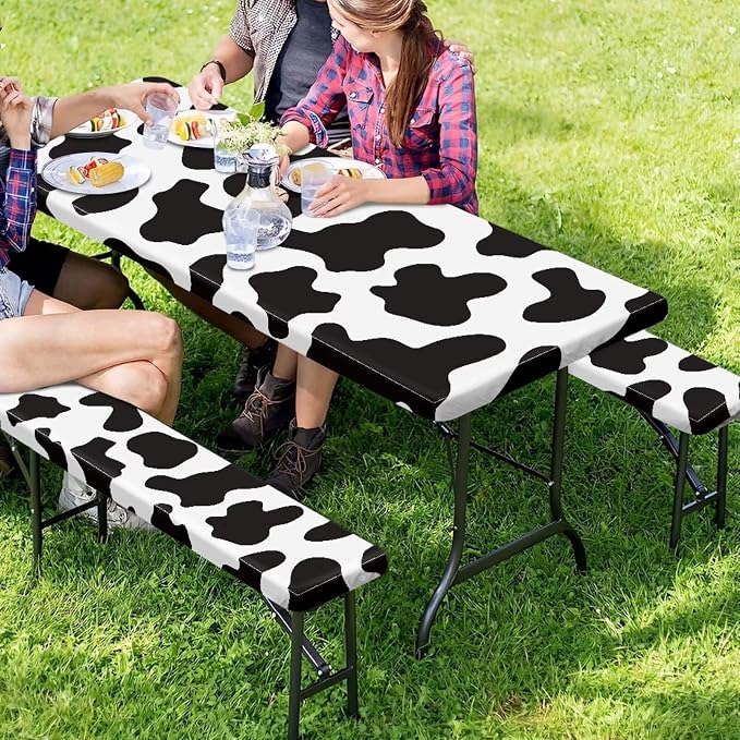 Cow Print Fitted Picnic Table Cover with Bench Covers Abrasion Resistant Picnic Table Cover Dustproof Waterproof 3 Piece Picnic Table Cover Set Fits Rectangular Tables and Seats 94x30 Inches