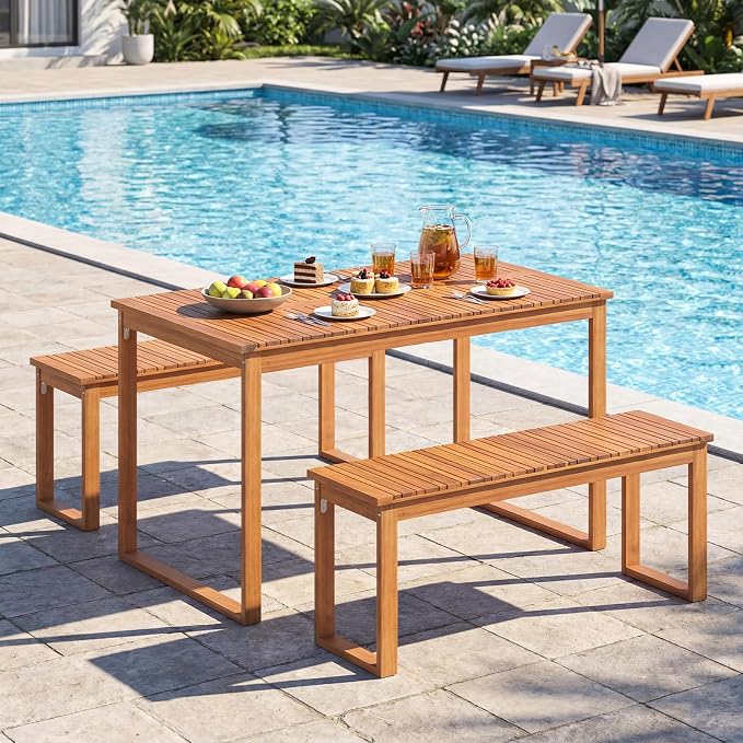 HAPPYGRILL Outdoor Acacia Wood Dining Table for 4-6, Rectangular Patio Table with Slatted Tabletop, Outside Rectangle Table for Garden, Balcony, Deck and Backyard