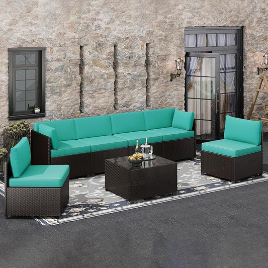 8-Piece Outdoor Wicker Patio Furniture Set with Sectional Rattan Sofa and Coffee Table Thick Cushions for Backyard Lounge(Green)