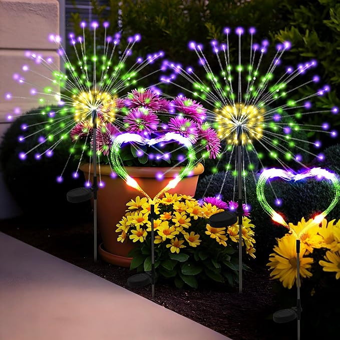 PEVOROS Solar Firework Garden Lights Outdoor, Purple/Yellow/Green, 4 Pack | 120 LEDs, Waterproof, Fairy Garden Decor, Auto On/Off, Solar Powered, for Yard, Patio, Porch, Flower Pot, Pathway